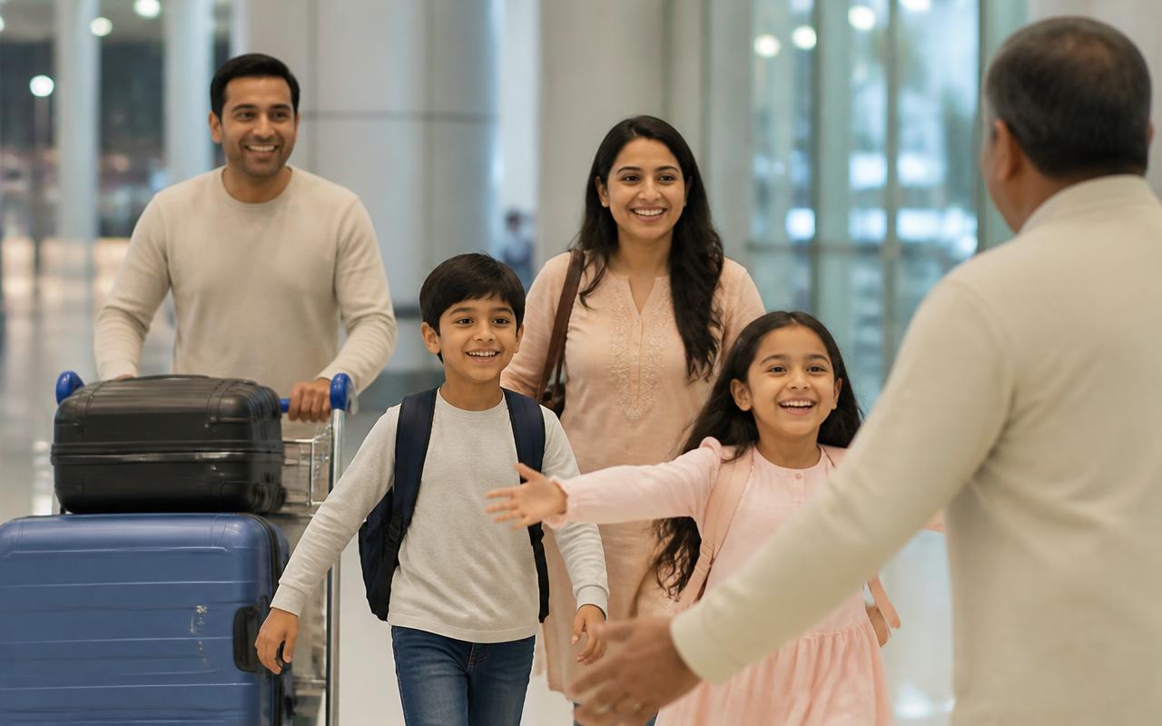 Family reuniting at a Gulf airport arrivals hall