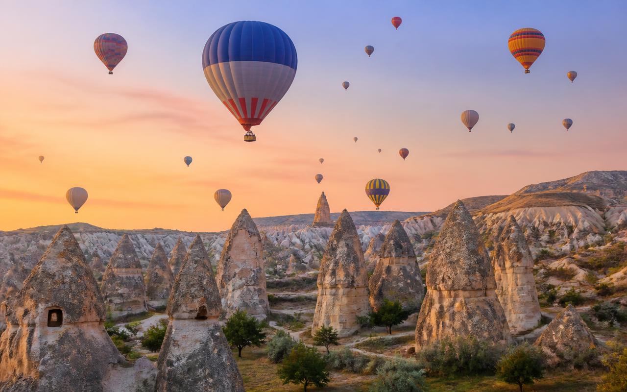 Hot air balloons over Cappadocia, Turkey at sunrise