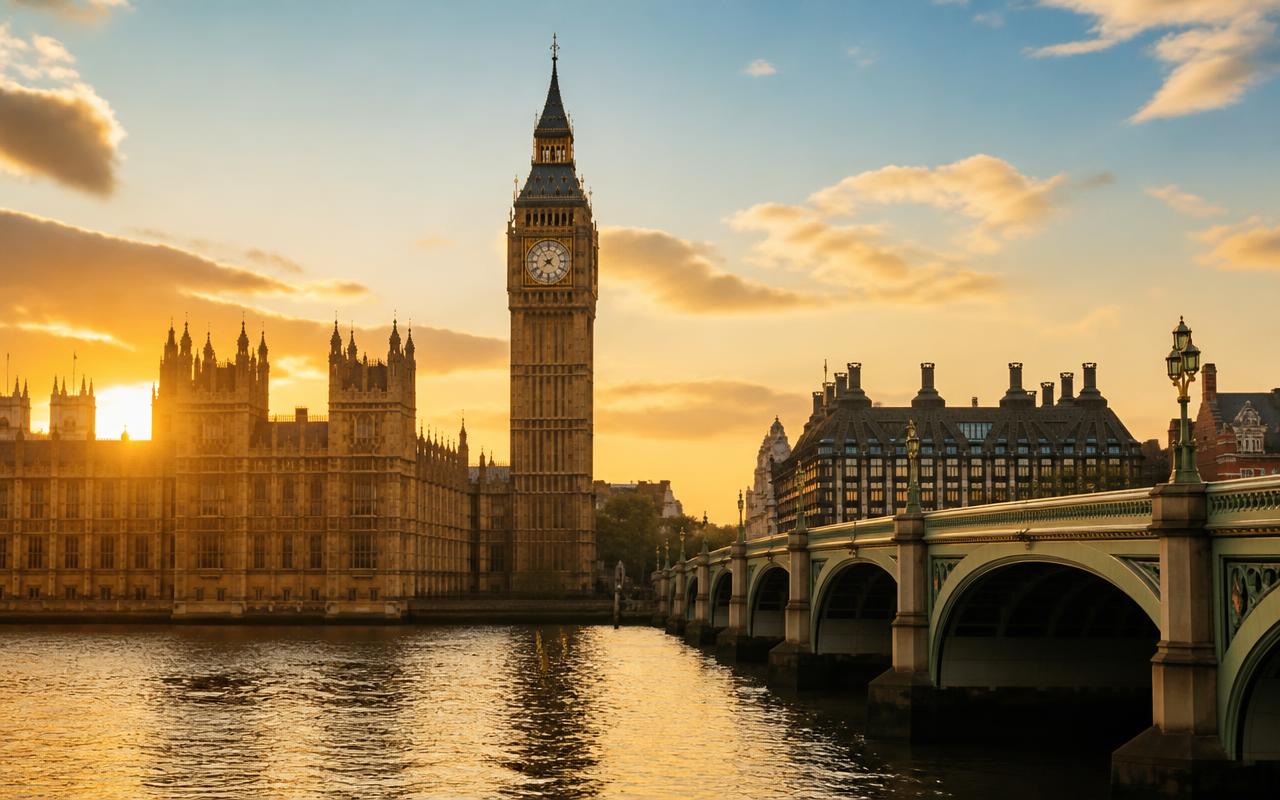 Big Ben and Westminster Bridge over the Thames at golden hour