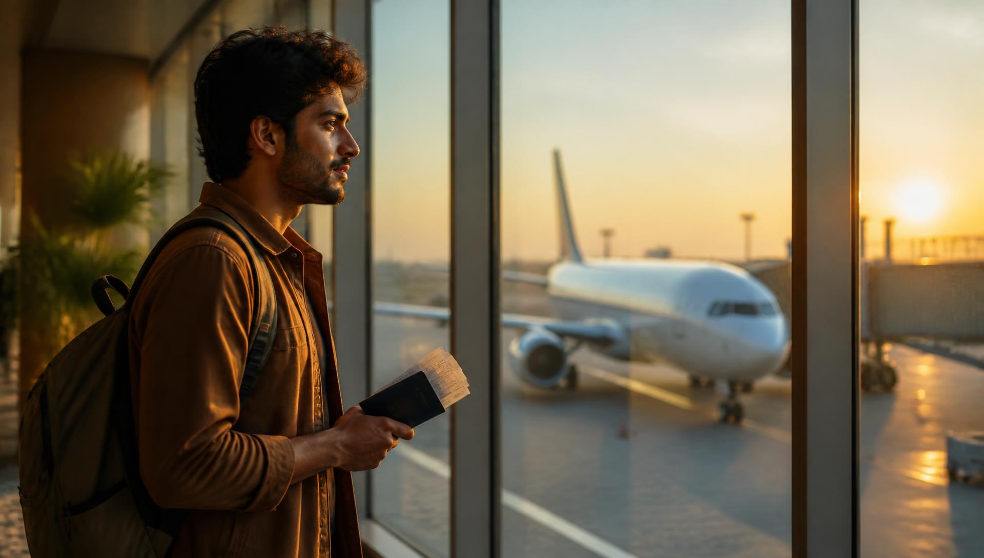 Traveller holding a passport and boarding pass beside an airport window at golden hour