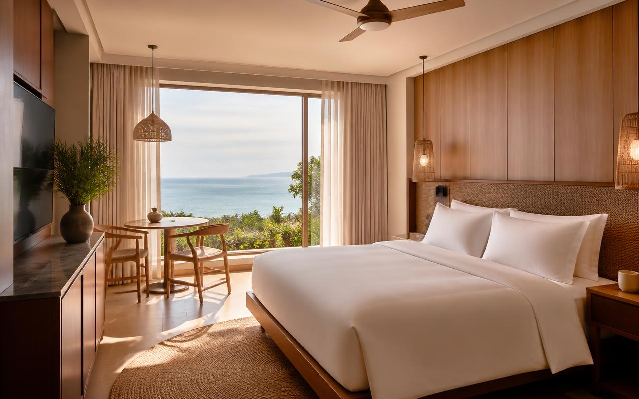 Bright modern hotel room with a sea view