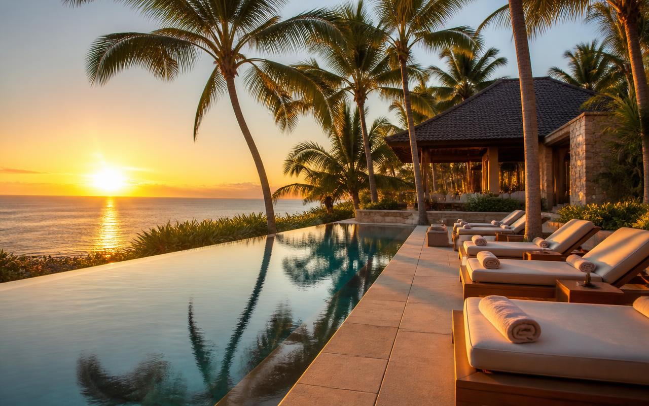 Infinity pool at a seaside resort at sunset